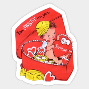 Vintage Valentine Cute Little Girl in Candy Box Red Heart Sticker